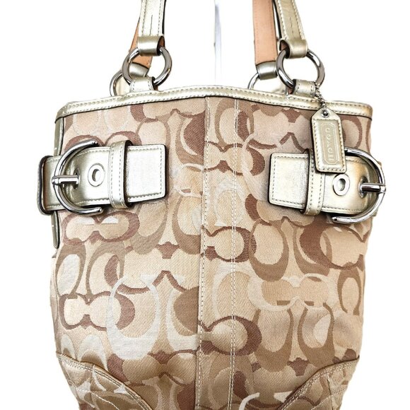 Like New Rare Coach Optic Metallic Gold & Tan Satchel Bag Handbag Purse - Picture 3 of 15